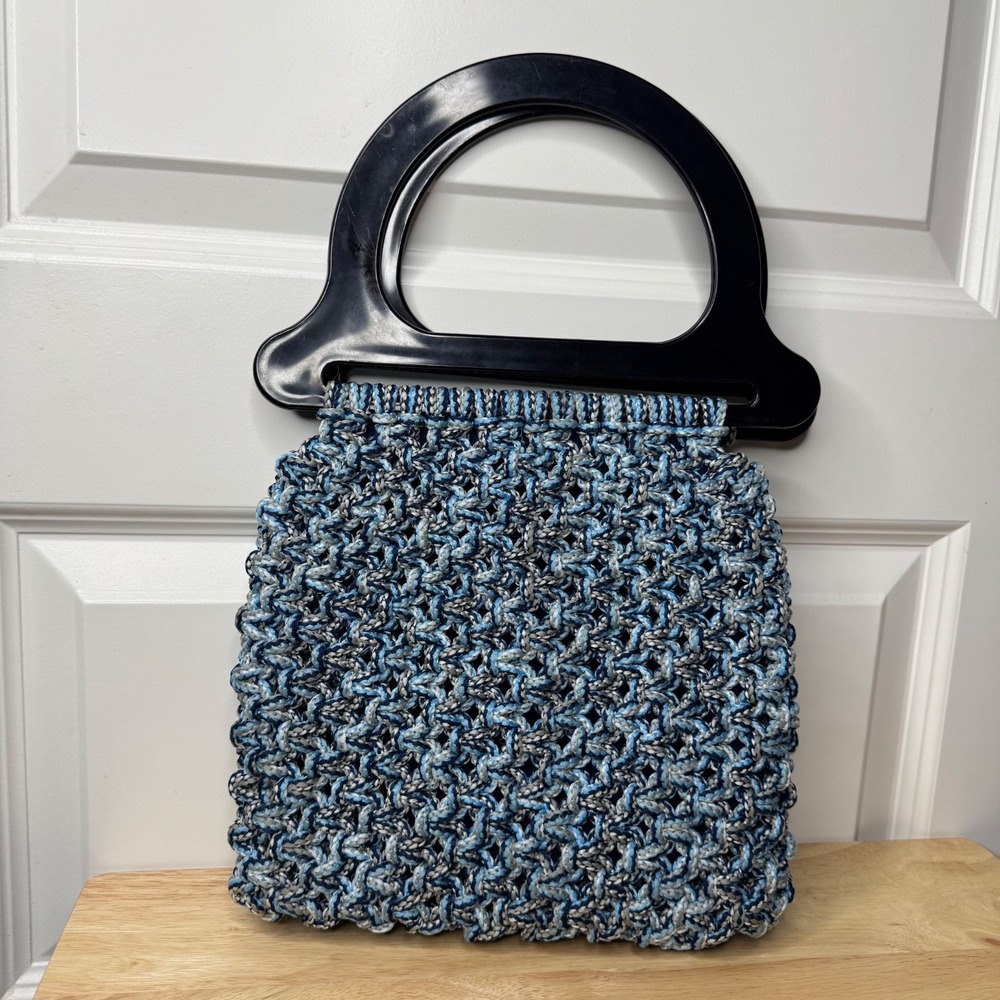 Macrame Handbag Blue Hand Made Lined Purse  Vintage Unique EUC